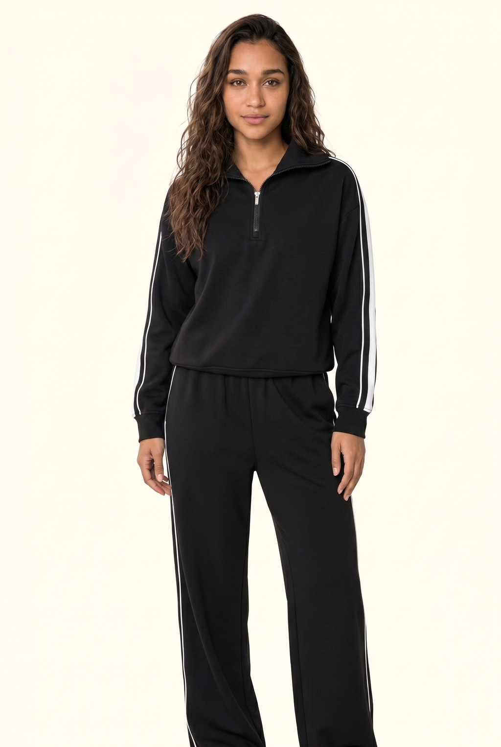 Stripe Half Zip Pullover and Wide Leg Pants Matching Set