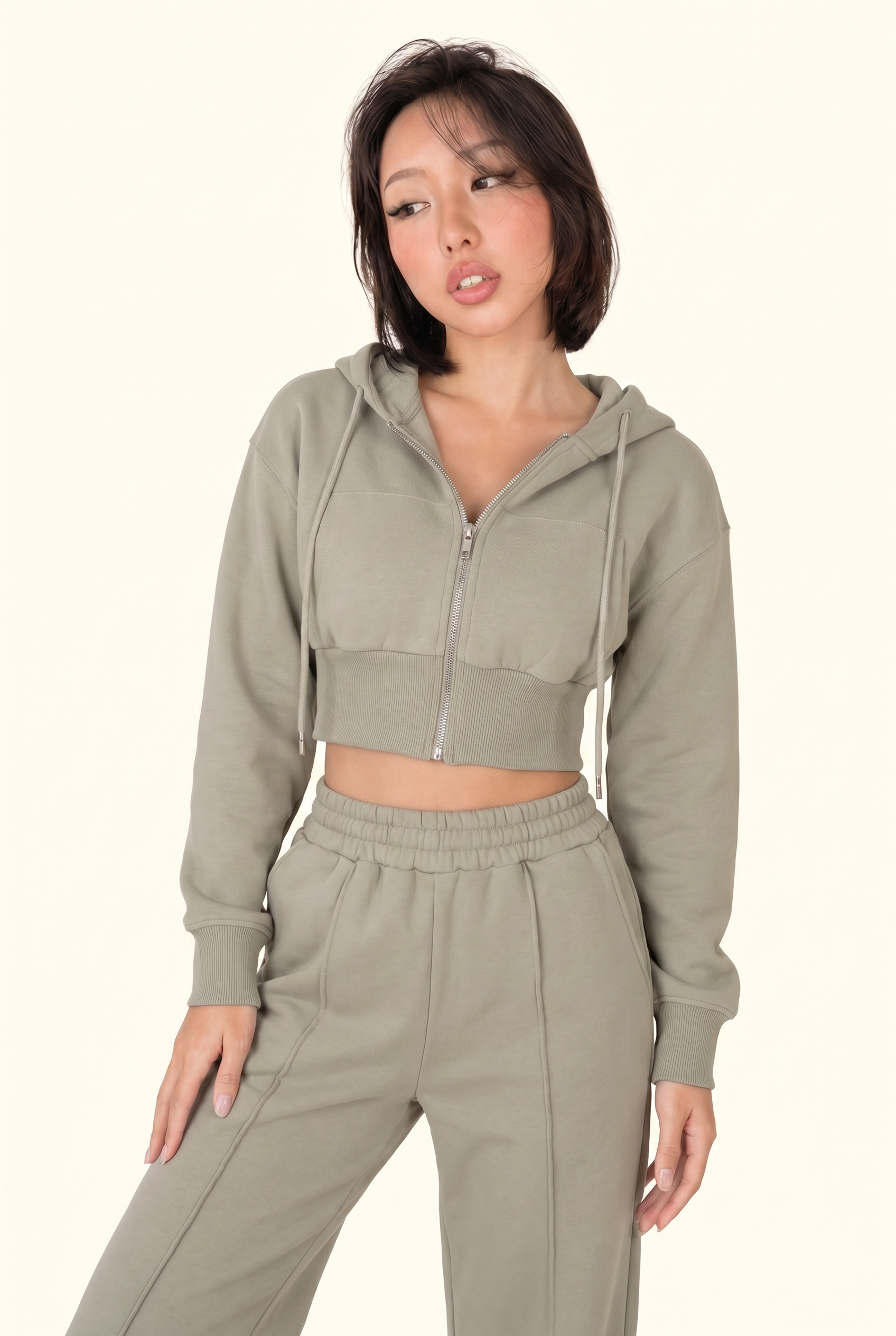 Fleece Cropped Zip Hoodie & Wide Leg Pant Matching Set