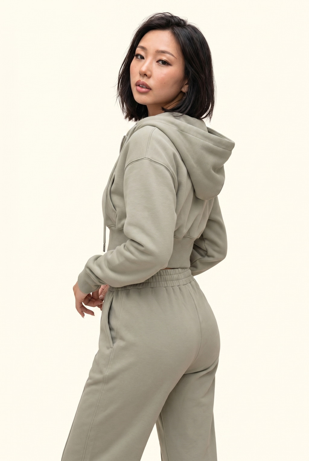 Fleece Cropped Zip Hoodie & Wide Leg Pant Matching Set