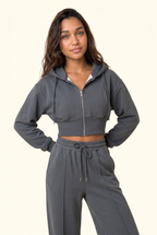 Fleece Cropped Zip Hoodie & Wide Leg Pant Matching Set