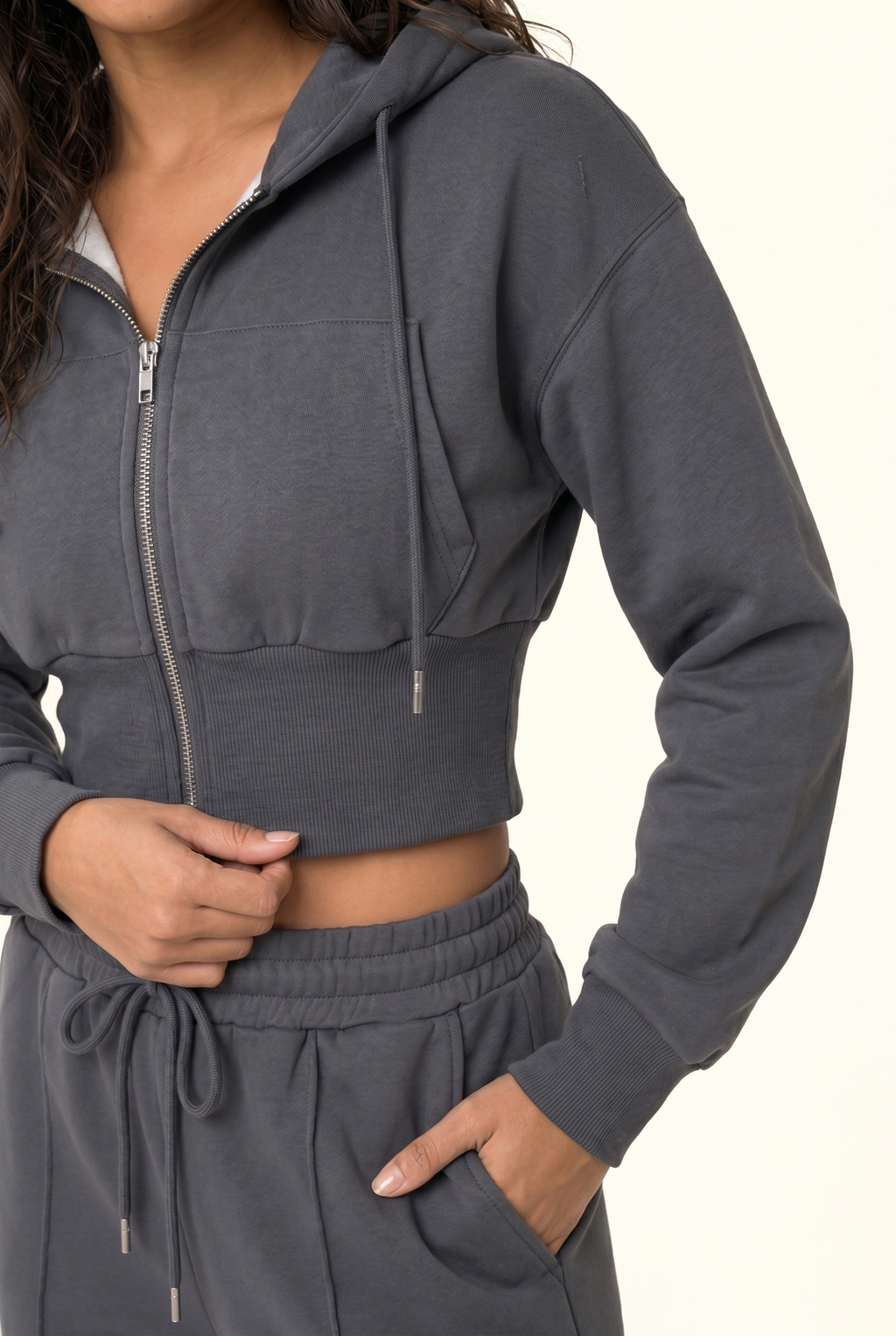Fleece Cropped Zip Hoodie & Wide Leg Pant Matching Set