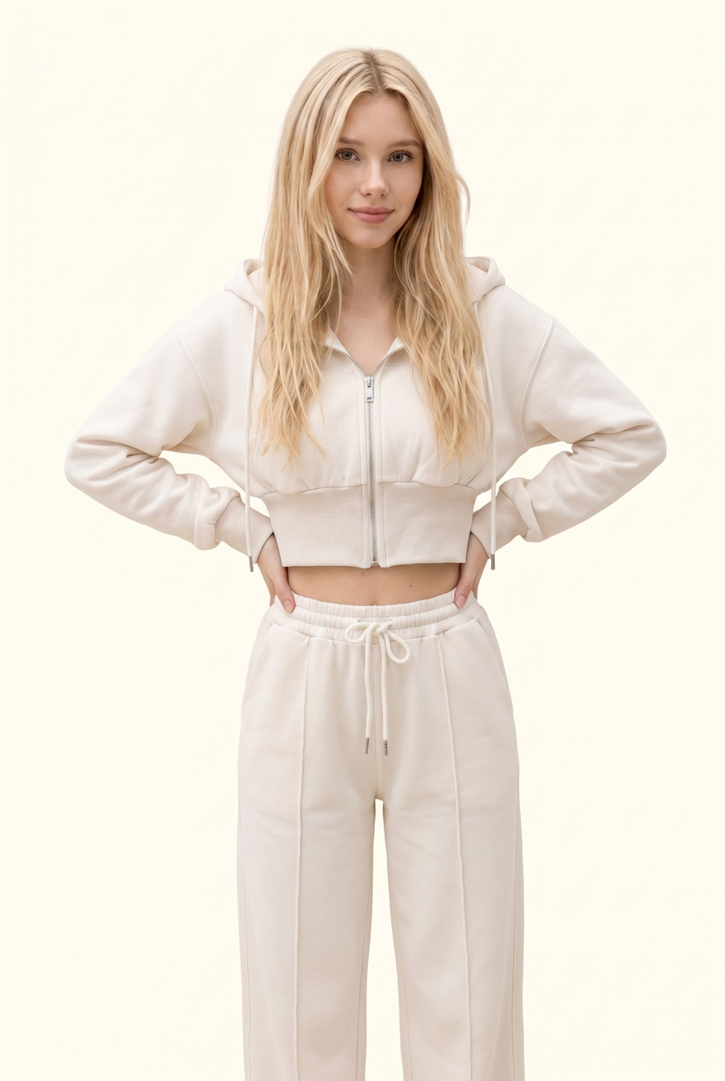 Fleece Cropped Zip Hoodie & Wide Leg Pant Matching Set