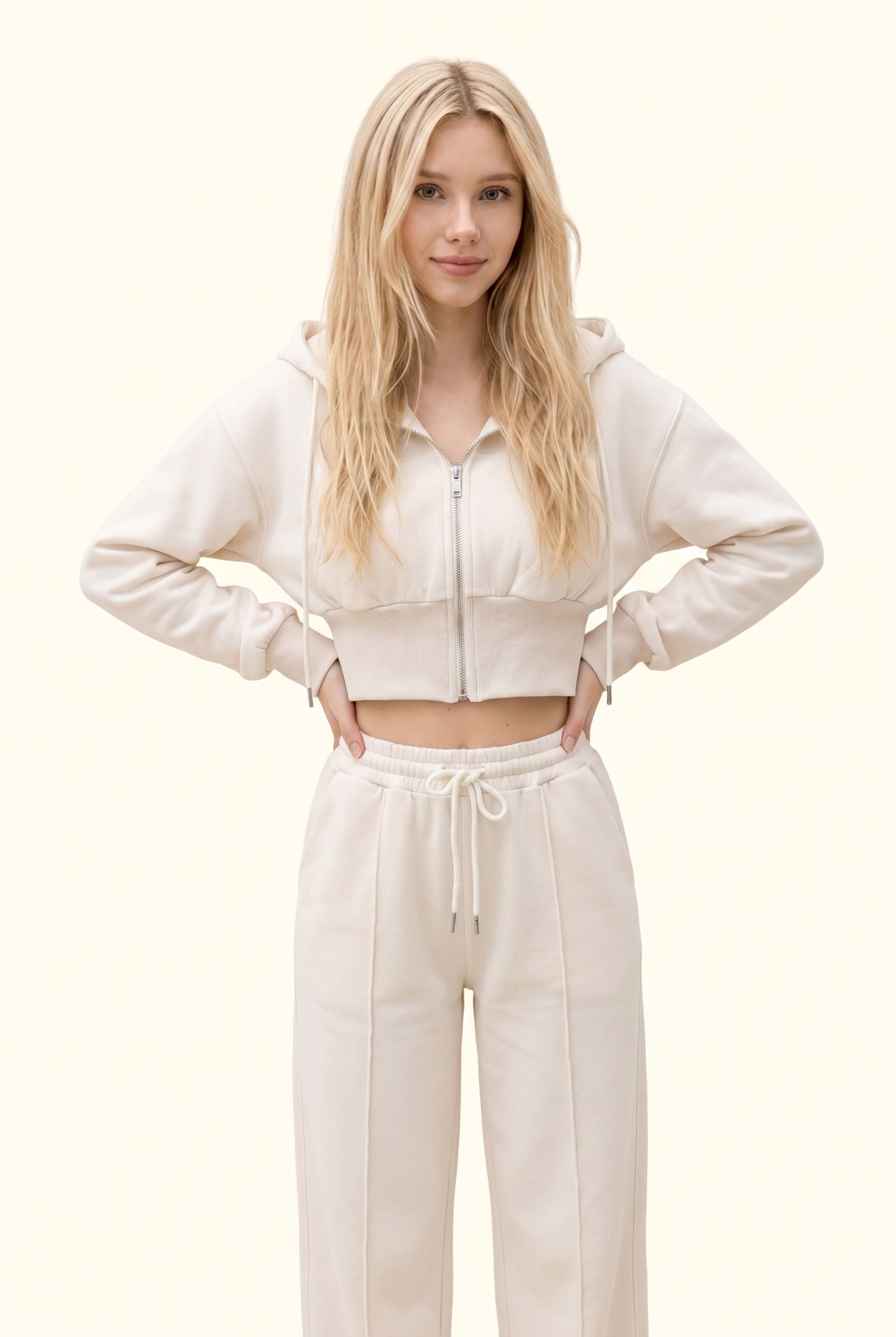 Fleece Cropped Zip Hoodie & Wide Leg Pant Matching Set