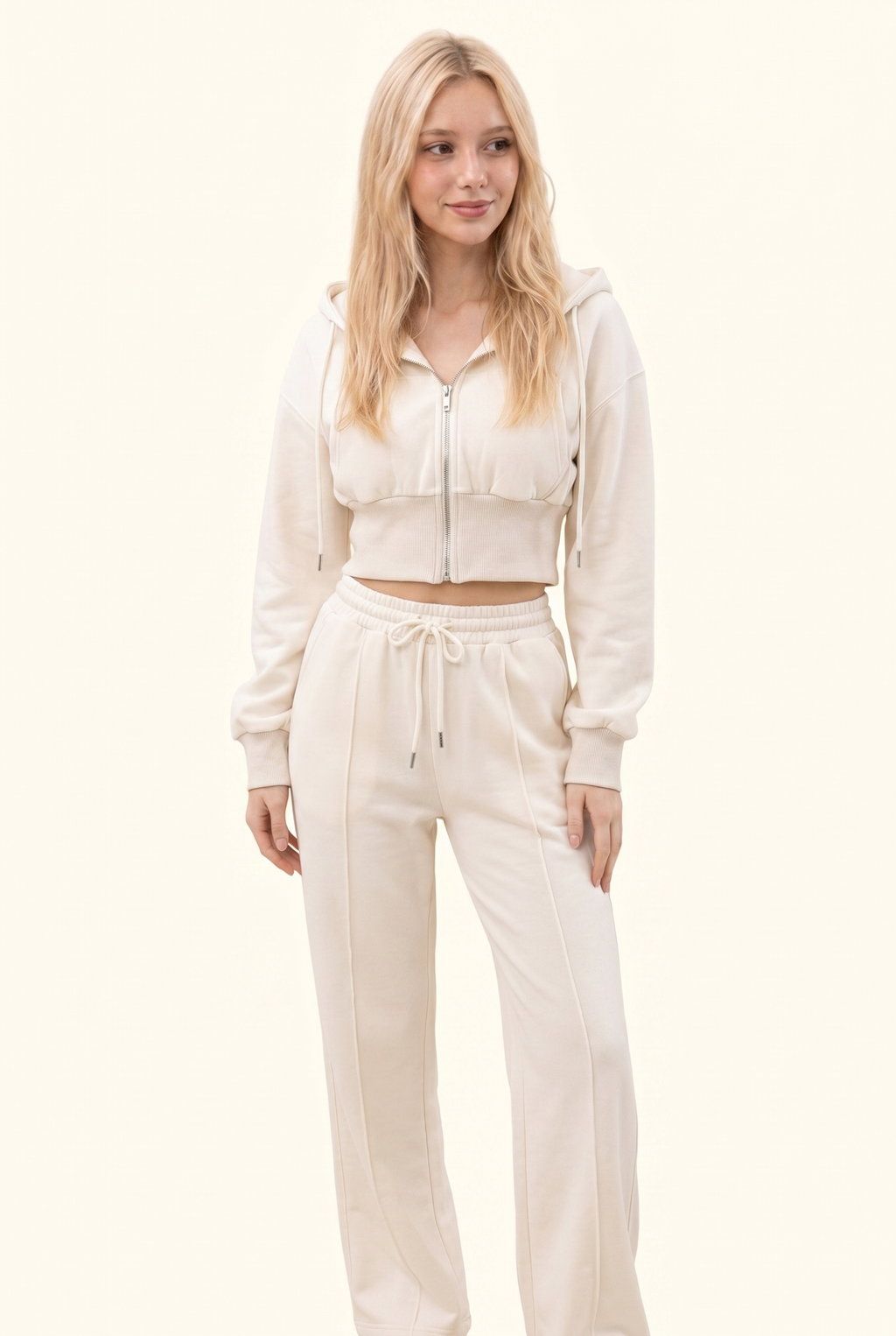 Fleece Cropped Zip Hoodie & Wide Leg Pant Matching Set