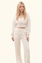 Fleece Cropped Zip Hoodie & Wide Leg Pant Matching Set