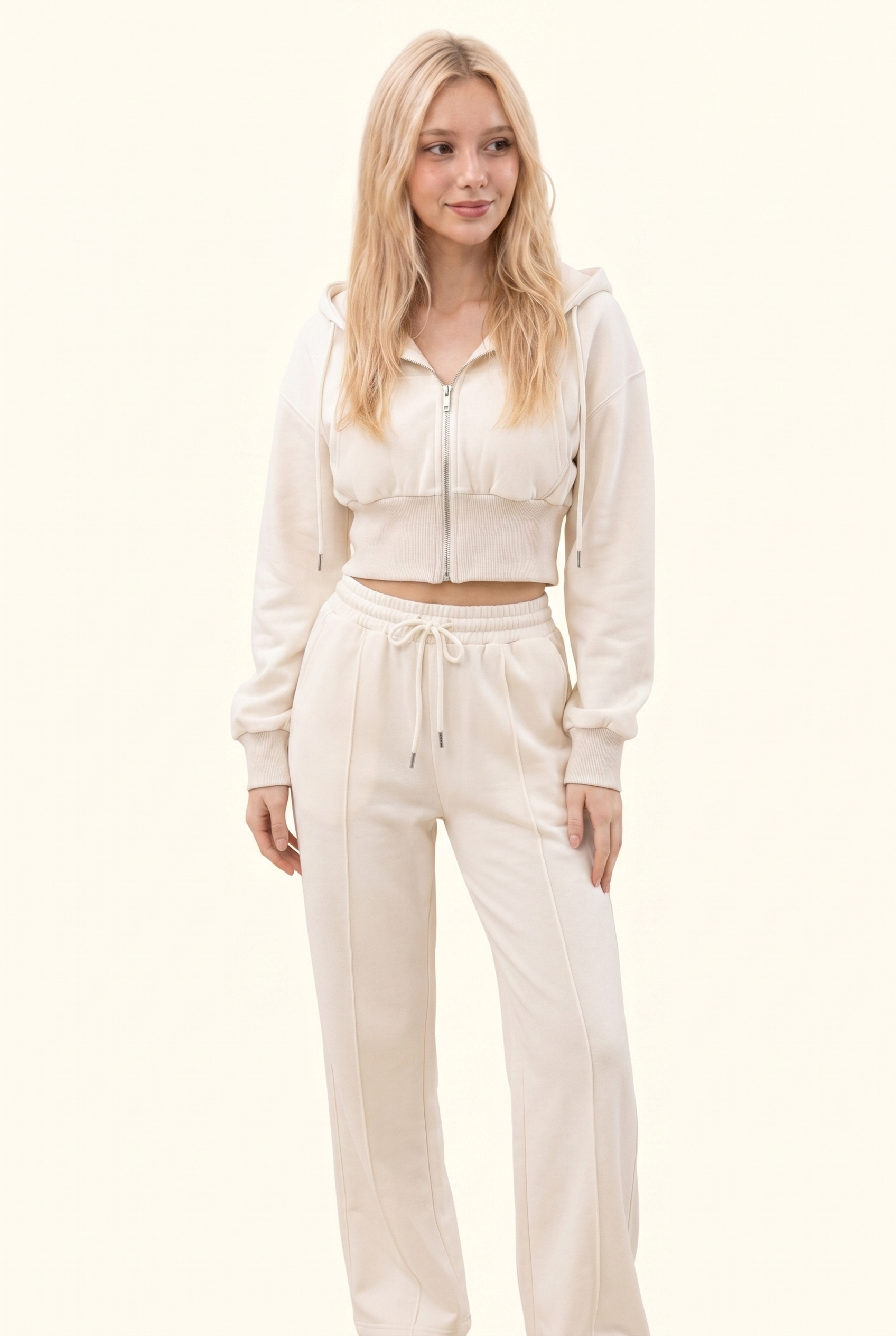 Fleece Cropped Zip Hoodie & Wide Leg Pant Matching Set