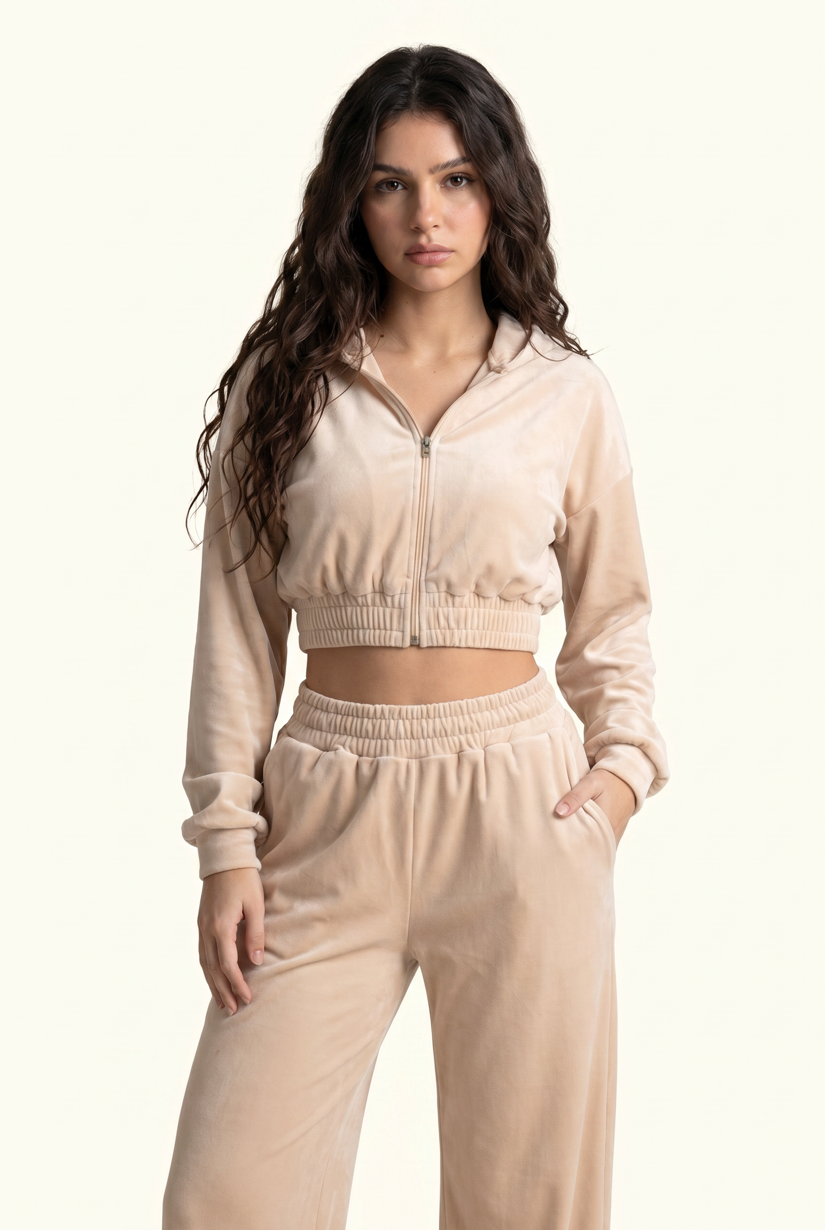 Soft Velour Cropped Zip Hoodie & Wide-Leg Pant Matching Set