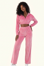 Soft Velour Cropped Zip Hoodie & Wide-Leg Pant Matching Set