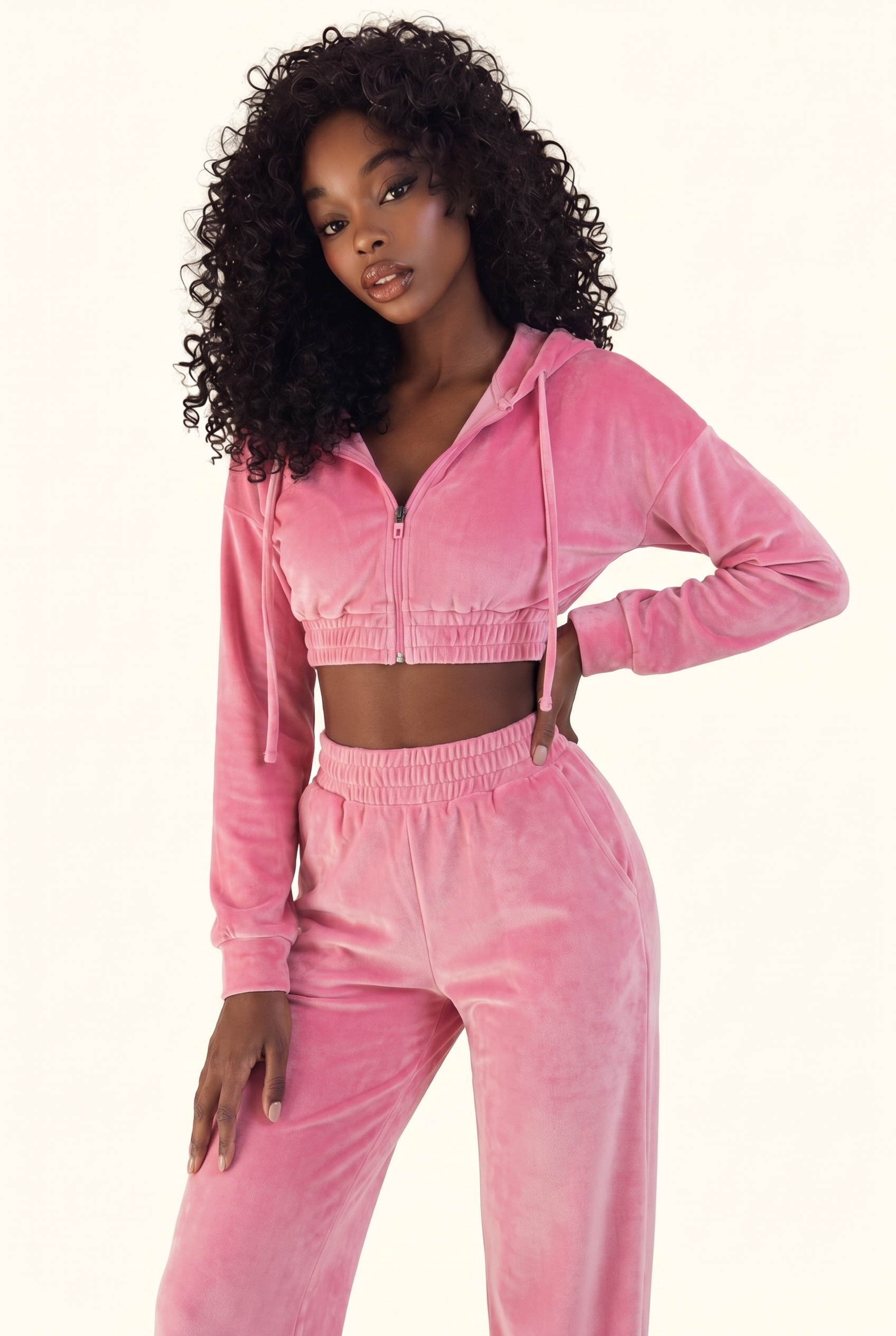 Soft Velour Cropped Zip Hoodie & Wide-Leg Pant Matching Set