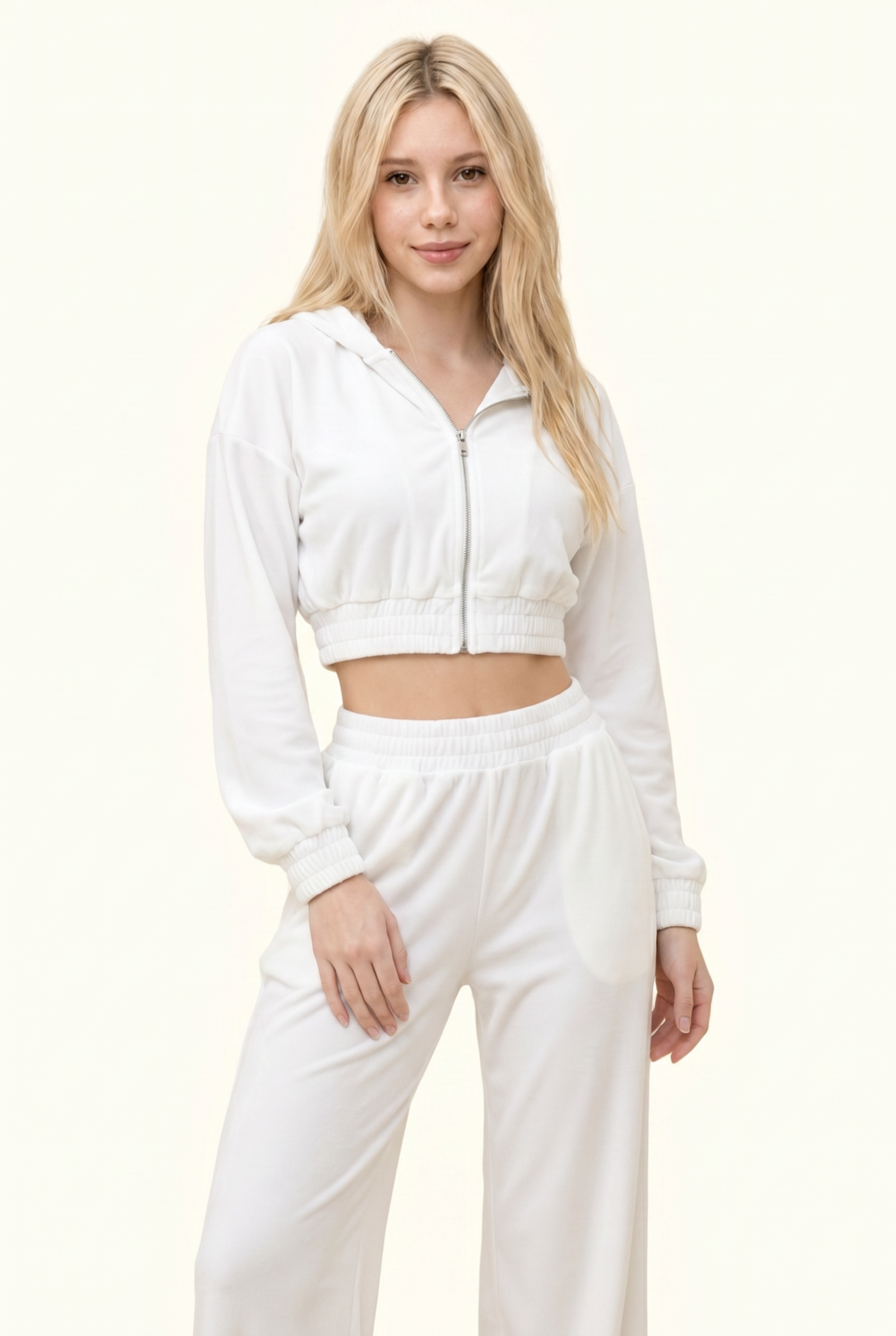 Soft Velour Cropped Zip Hoodie & Wide-Leg Pant Matching Set