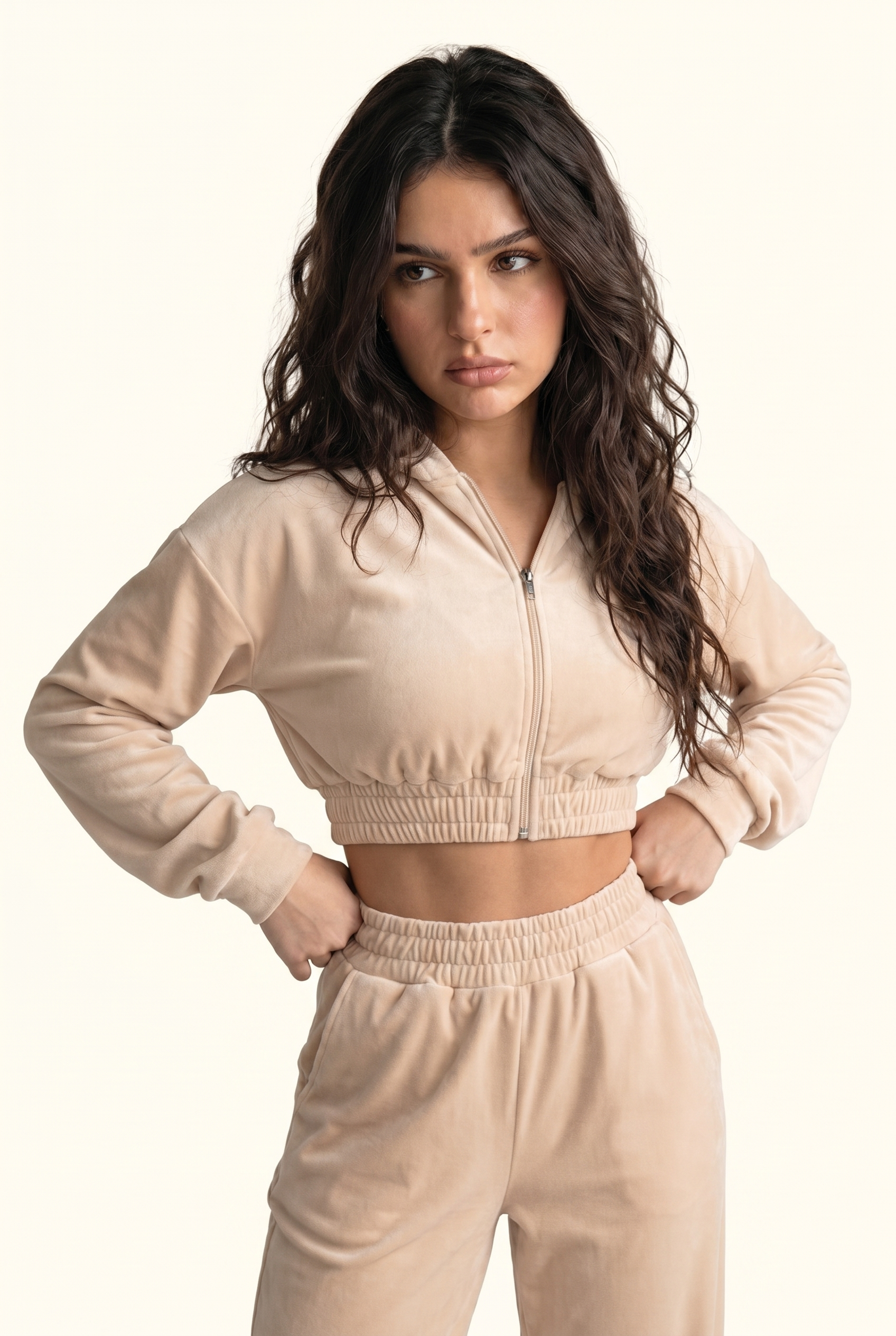 Soft Velour Cropped Zip Hoodie & Wide-Leg Pant Matching Set
