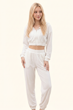 Soft Velour Cropped Zip Hoodie & Wide-Leg Pant Matching Set