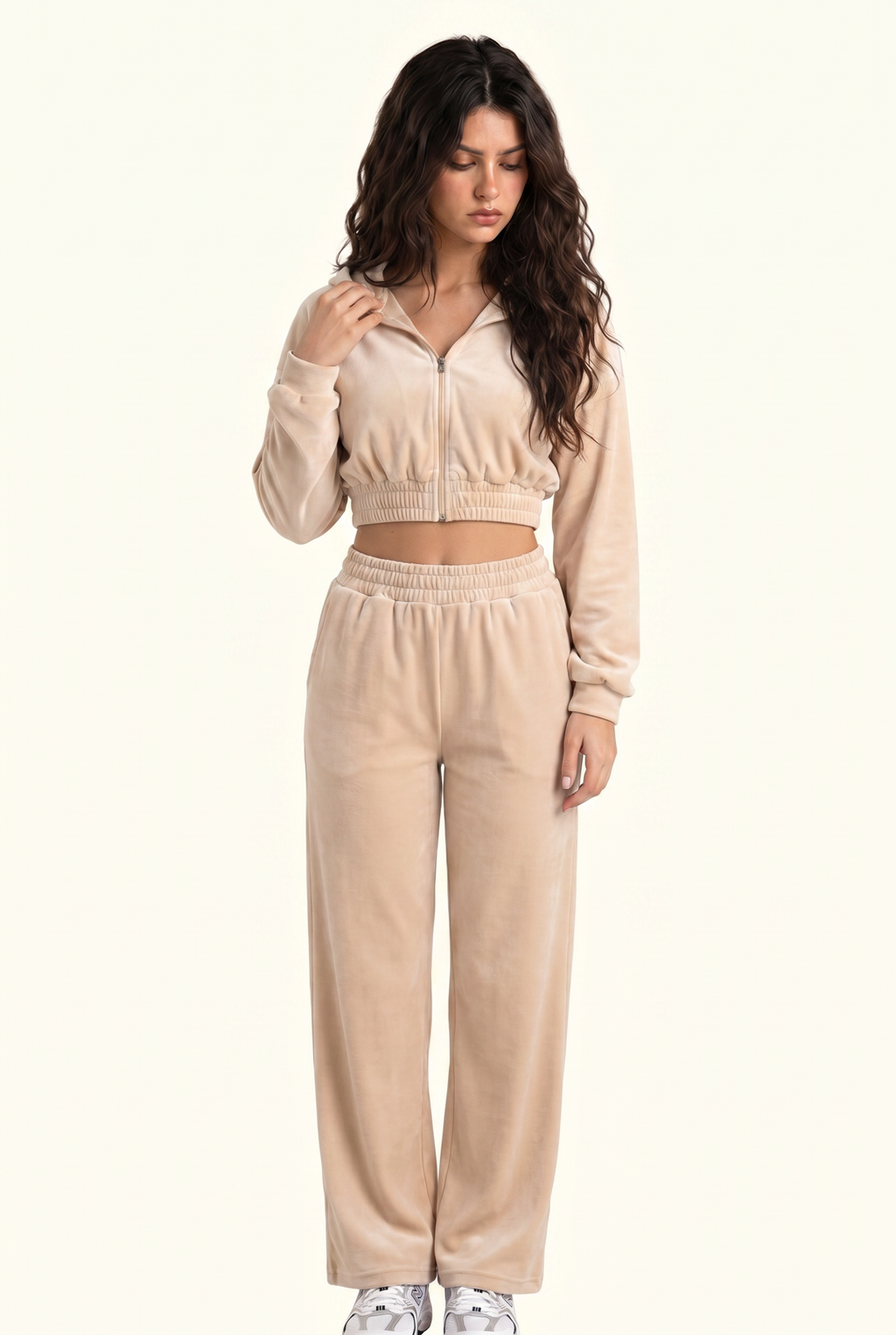 Soft Velour Cropped Zip Hoodie & Wide-Leg Pant Matching Set