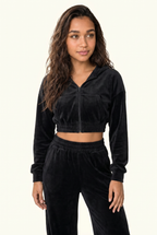 Soft Velour Cropped Zip Hoodie & Wide-Leg Pant Matching Set