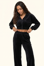 Soft Velour Cropped Zip Hoodie & Wide-Leg Pant Matching Set