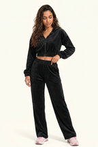 Soft Velour Cropped Zip Hoodie & Wide-Leg Pant Matching Set