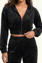 Soft Velour Cropped Zip Hoodie & Wide-Leg Pant Matching Set