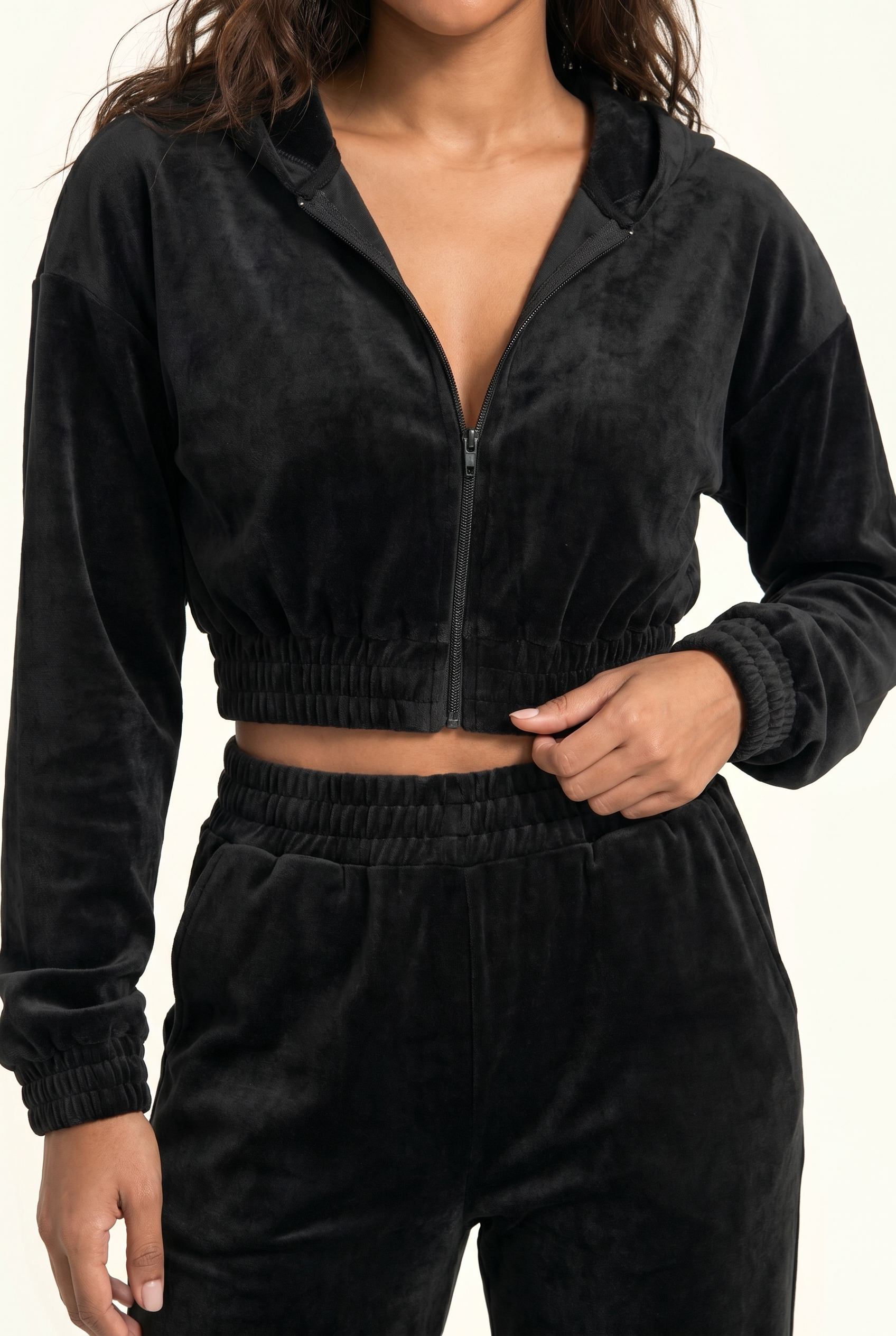 Soft Velour Cropped Zip Hoodie & Wide-Leg Pant Matching Set