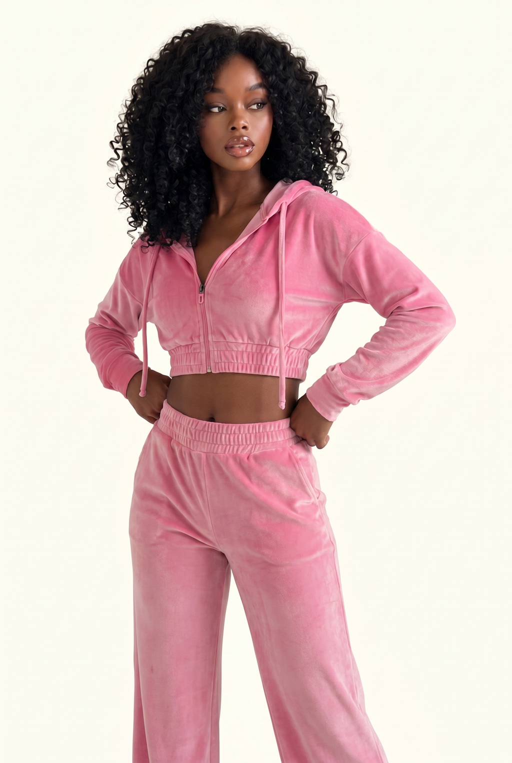 Soft Velour Cropped Zip Hoodie & Wide-Leg Pant Matching Set
