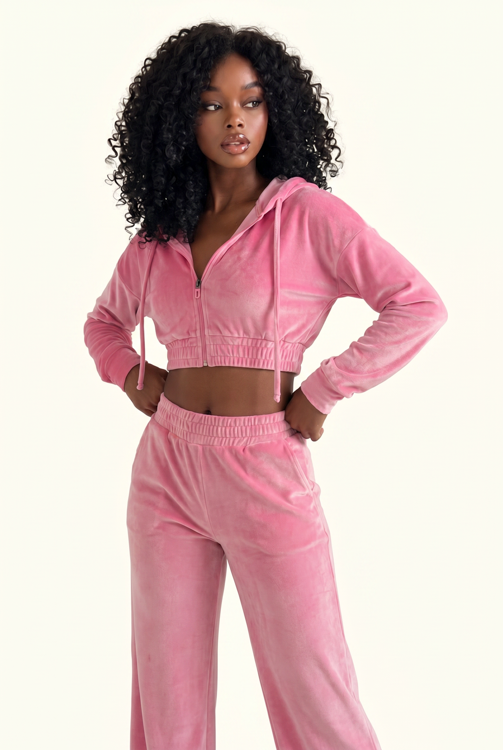 Soft Velour Cropped Zip Hoodie & Wide-Leg Pant Matching Set