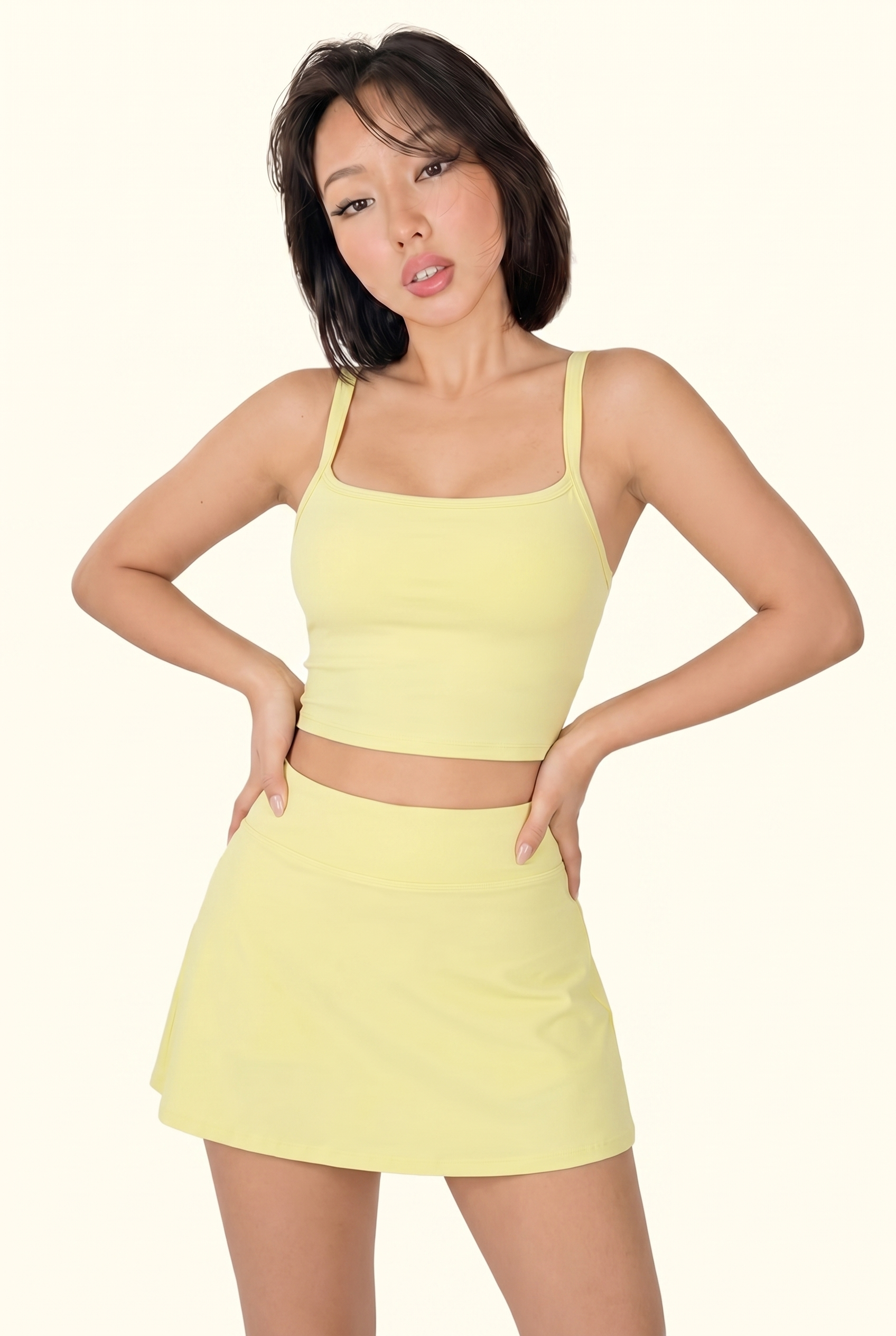Ribbed Square Neck Studio Skirt Matching Set